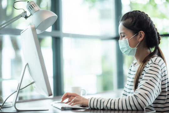 business worker with surgical face mask, coronavirus COVID-19 protection concept, new normal lifestyle to wearing mask full-time and have social distancing isolation, flu disease epidemic protect