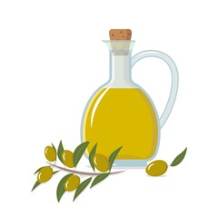 A bottle of olive oil, a twig and olives. To create decor, advertising, paper, packaging and banner. Vector illustration isolated on a white background.
