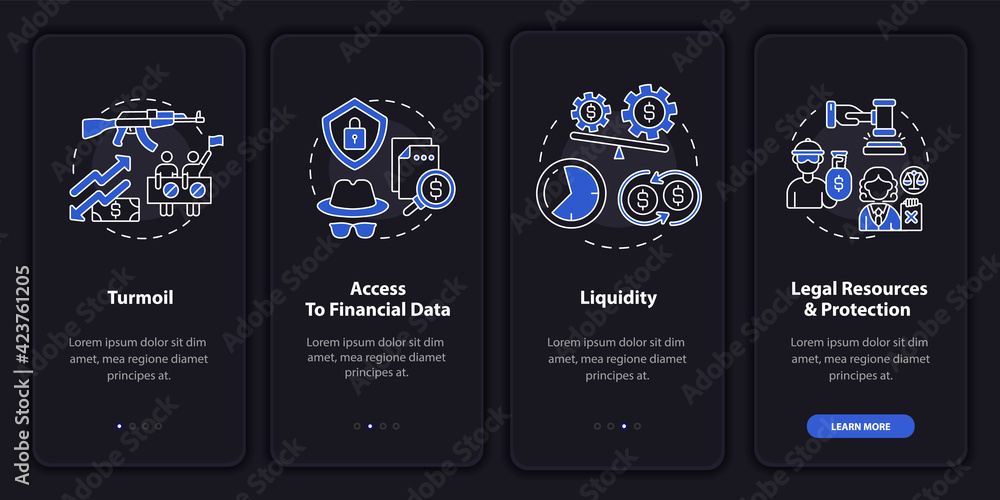 Wall mural foreign stock problems onboarding mobile app page screen with concepts. security, liquidity walkthro