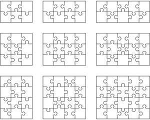 Illustration of nine different white puzzles, separate pieces