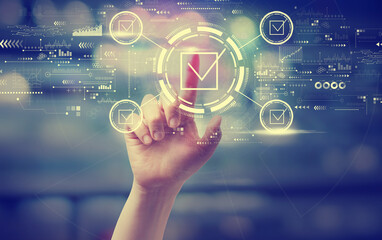 Checklist concept with a hand pressing a button