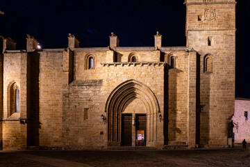 Cathedral of Santa Maria de la Asuncion at night in Caceres, Extremadura, Spain