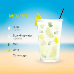 Mojito cocktail on a beach background with recipe description vector illustration