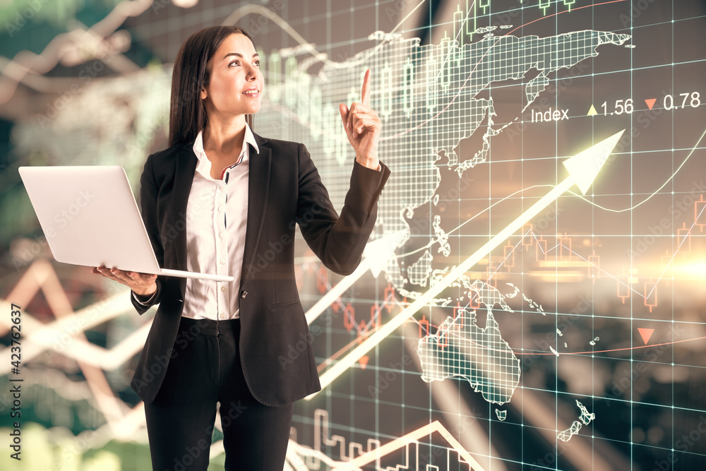 Poster business investing concept with trader with laptop on digital screen background with growing arrows,