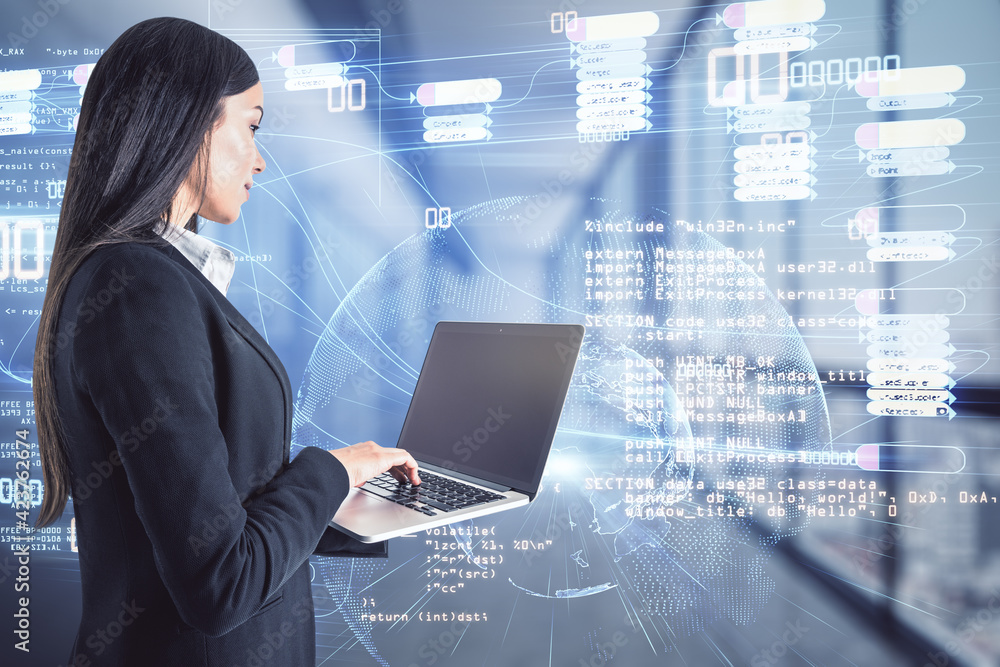 Leinwandbilder Software development and coding concept with programmer working on laptop in front of digital screen with programming code, world map