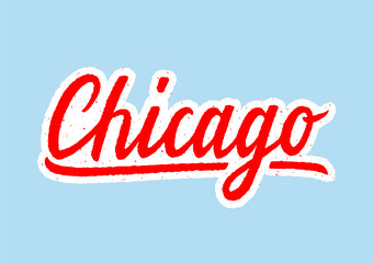 Chicago hand lettering with abstract red and white colors on blue background