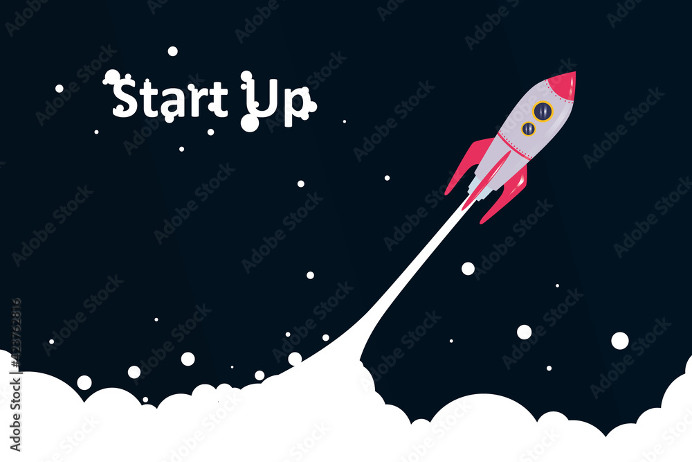 Poster business idea and start up concept with taking of rocket illustration on dark background
