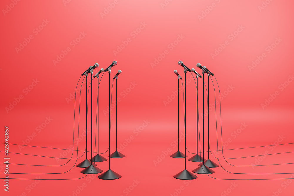 Poster speaking performance concept with microphones standing in a circle on red background