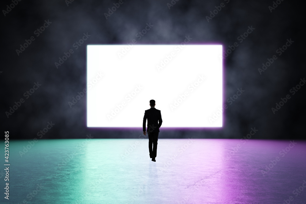 Poster future concept with man silhouette heading to blank white screen in glowing purple led frame on dark
