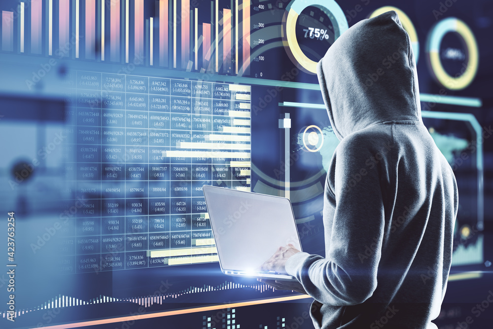 Poster Big data security concept with hacker back with laptop and hologram screen with stats data indicators