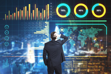 Stats data concept with businessman grabbing his head and looking at virtual screen with data indicators.