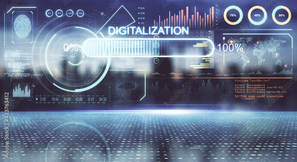 Poster Digital transformation concept with big virtual screen with statistic indicators, world map scheme and programming code