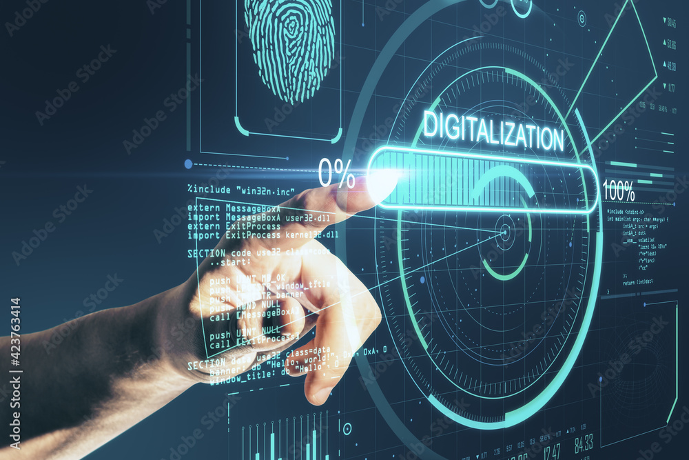 Poster Touch the future concept with man finger on virtual touch screen with loading bar element icon and programming code.