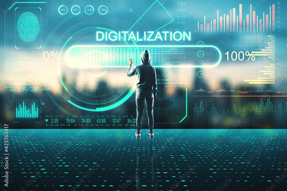 Poster world digitalization concept with man in sport suit and his hand on touch screen with stats data inf
