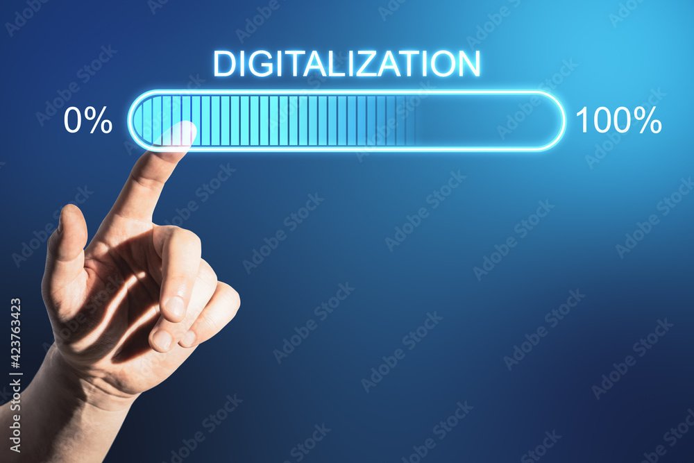 Aufkleber Digital technologies concept with virtual digitalization word and man finger pushing loading bar element icon.