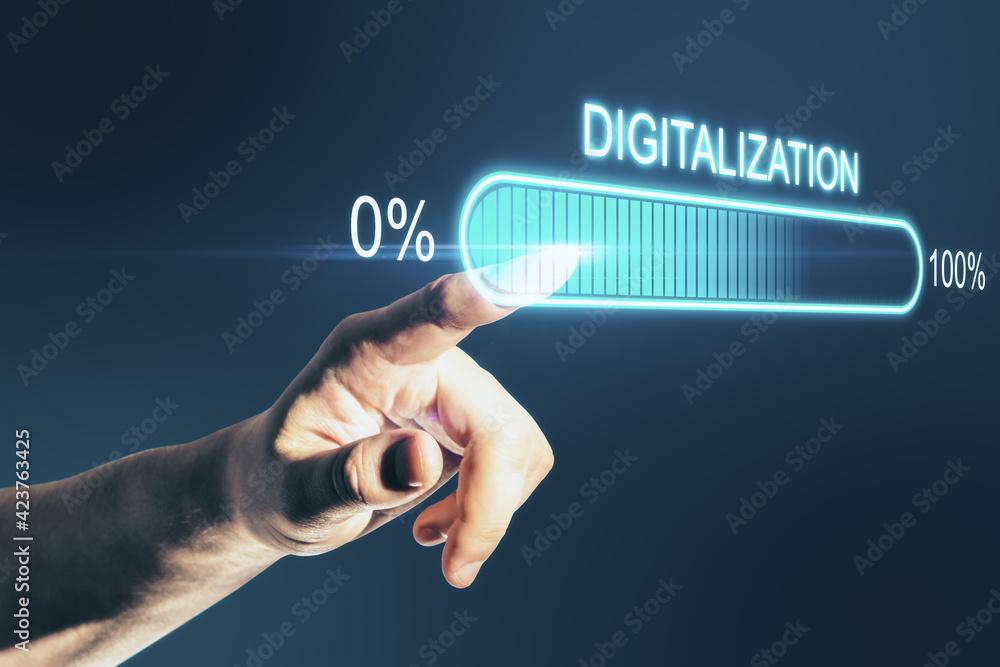 Poster Digital transformation concept with man finger in virtual loading bar element icon with digitalization word.