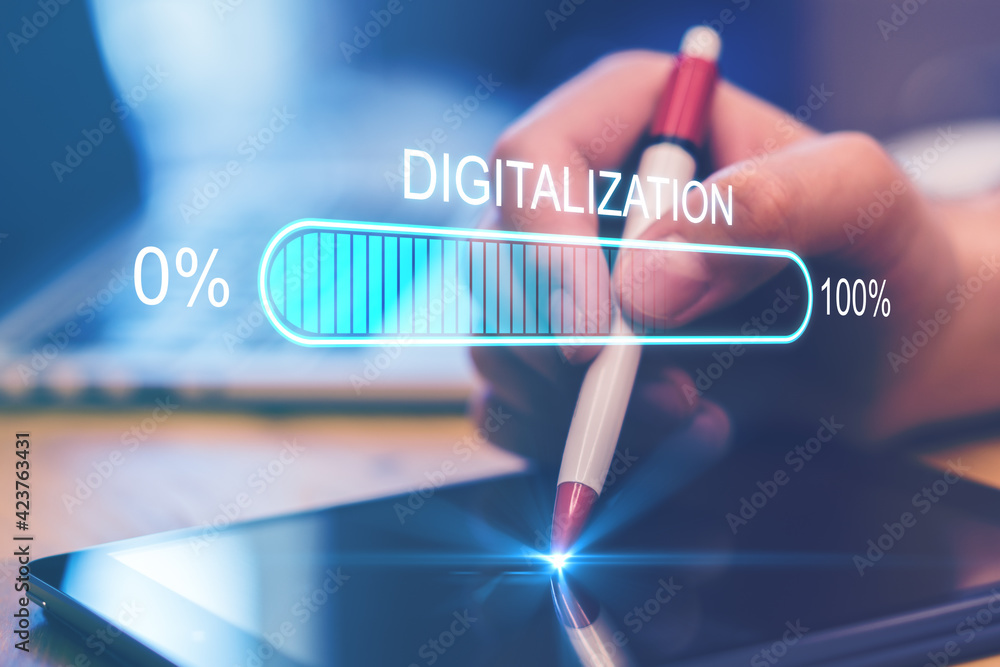 Aufkleber Digital world concept with hologram digitalization sign and loading bar element on man hand with pen on digital tablet touch screen.