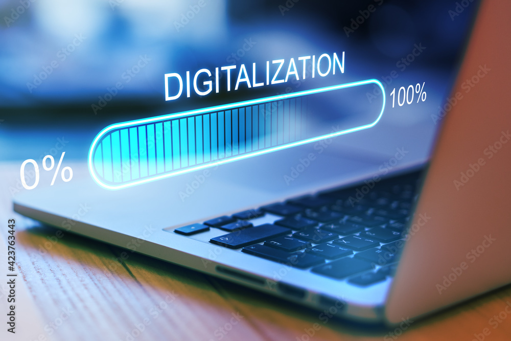 Poster Digital world concept with hologram digitalization word and loading bar element icon on laptop keyboard background