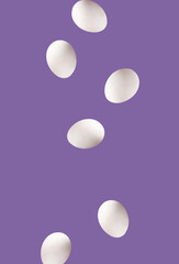 Easter background. Falling eggs on purple layout. Minimal holiday concept.