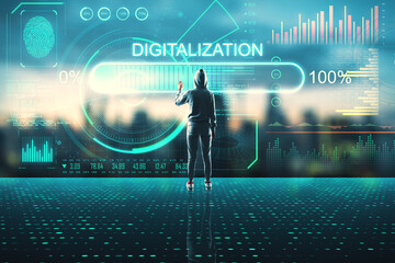 World digitalization concept with man in sport suit and his hand on touch screen with stats data information