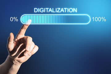 Digital technologies concept with virtual digitalization word and man finger pushing loading bar element icon.