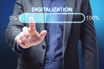 Future technologies concept with businessman finger on touch screen with digitalization word and...