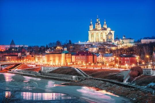 Assumption Cathedral at night and the Dnieper river in Smolensk