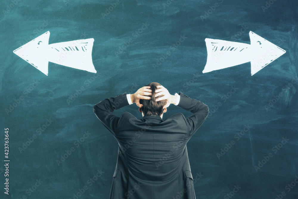 Poster choosing between two solutions with businessman grabbing his head looking at blackboard with handwri