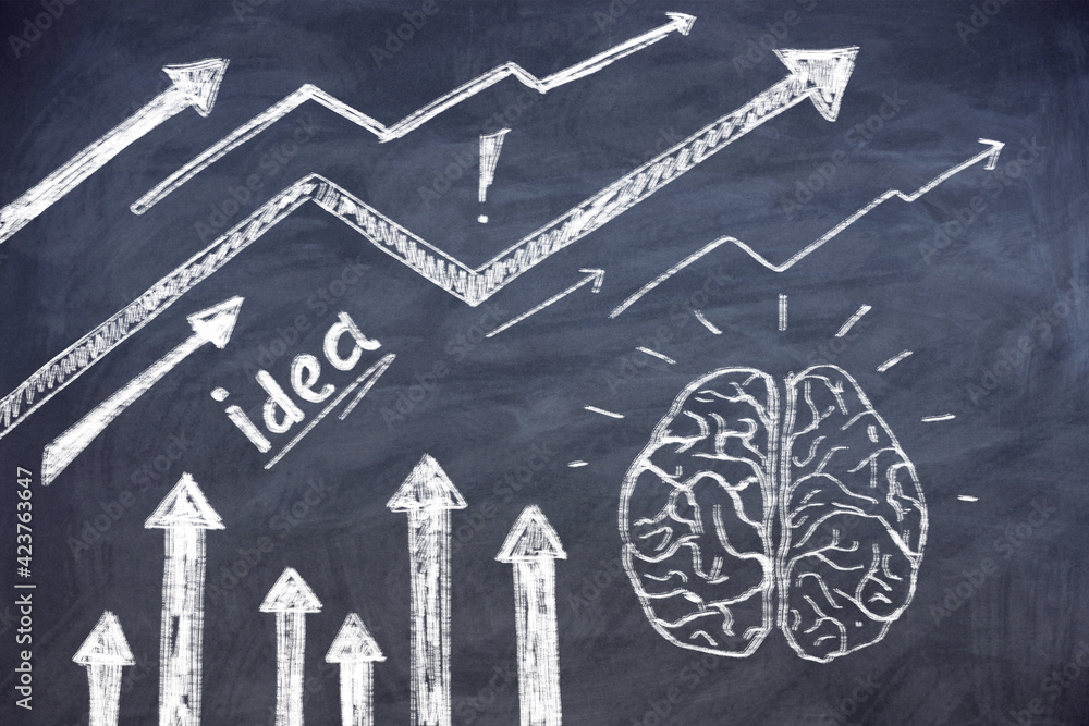 Poster Brain with arrows up and forward sketch, idea concept