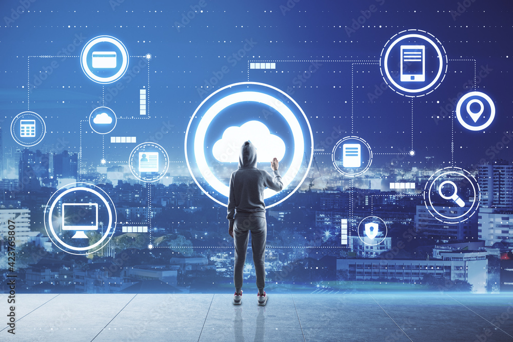 Poster cloud computing concept with back view on person in sport suit touches hologram cloud technologies s