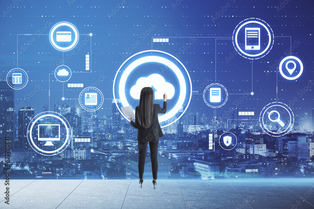 Poster data storage and cloud technologies concept with businesswoman writing on digital screen with cloud 