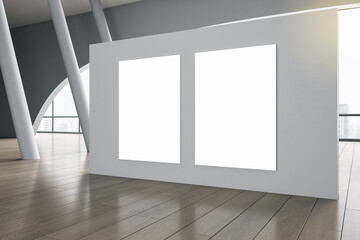 Gallery with a white wall with two blank white posters, wooden parquet floor, panoramic windows, promotion concept, mockup