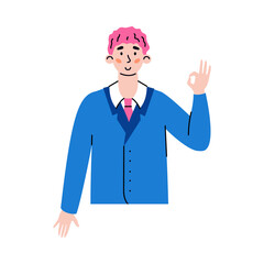 Businessman holding his fingers in OK gesture flat vector illustration isolated.