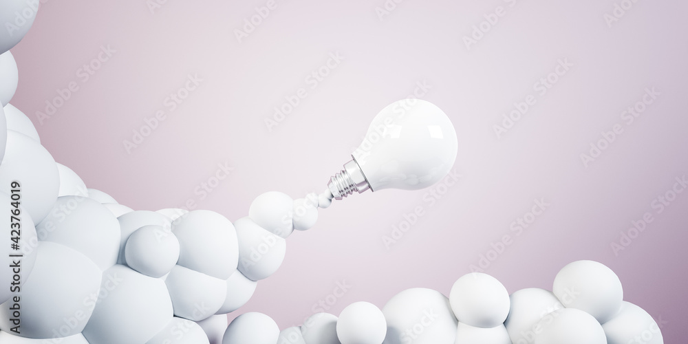 Poster launched lightbulb with clouds, pink background. innovation concept, 3d rendering