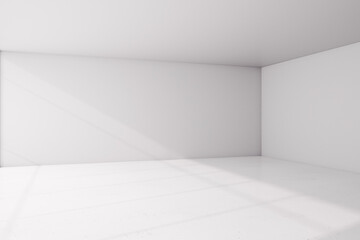 White box concept with sunnu white finishing of empty room and copyspace. 3D rendering, mockup