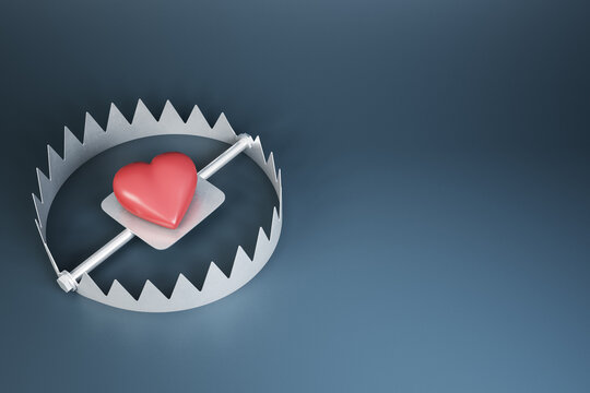 Heart trap concept with red heart in metallic trap on dark background with copyspace. 3D rendering, mock up