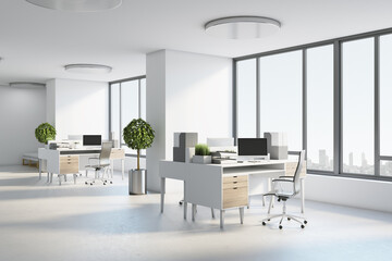 Sunny coworking office with modern eco style wooden furniture in white shades, trees in flowerpots, city view from big windows and light glossy concrete floor