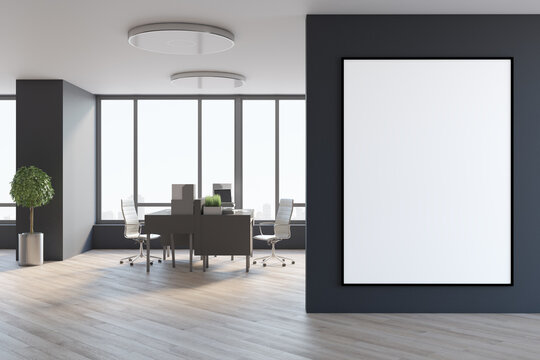 White poster with copyspace on black wall in modern office with eco style floor and furniture and city view from huge window. 3D rendering, mockup