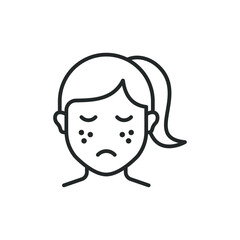 Sad woman with acne on the face icon line style isolated on white background. Vector illustration