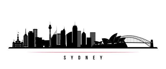 Obraz premium Sydney skyline horizontal banner. Black and white silhouette of Sydney, Australia. Vector template for your design.