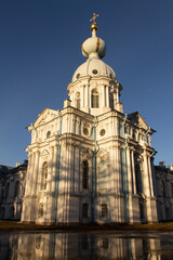 Fototapeta na wymiar Russian landmark blue and white Smolny Cathedral in early spring, Saint Petersburg, March 2021