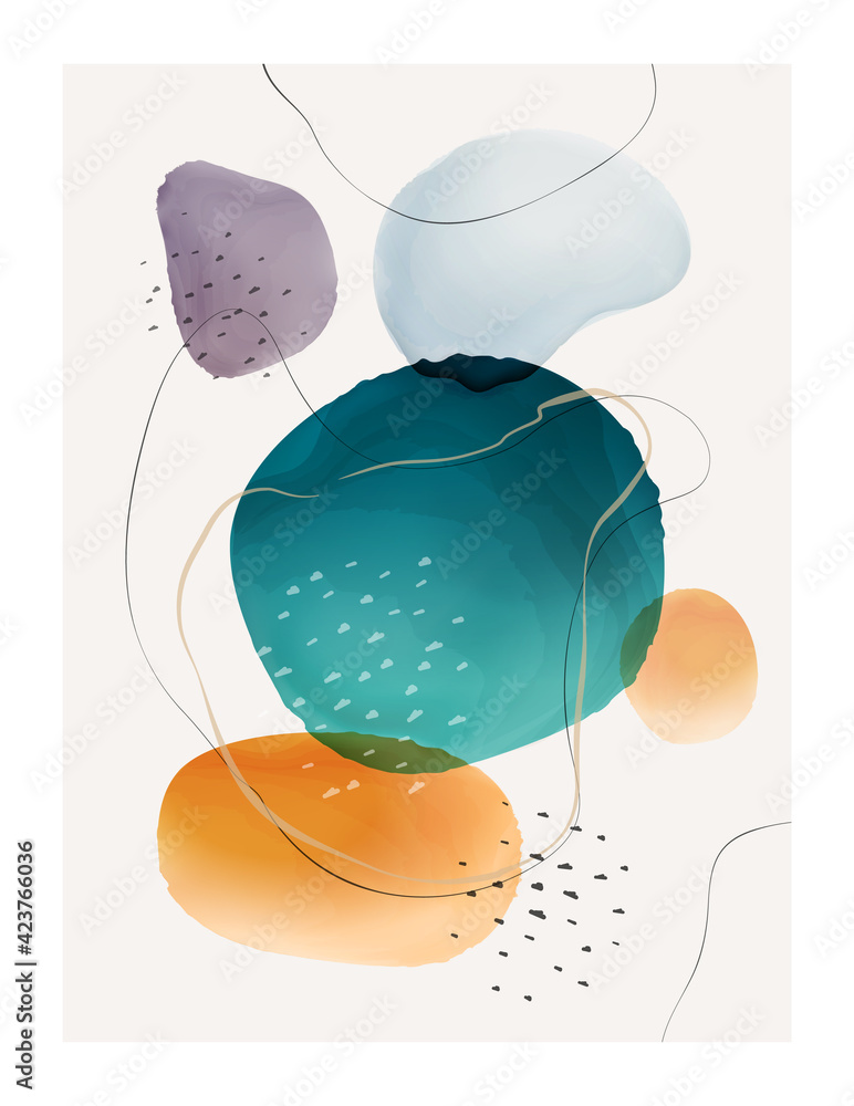 Poster Abstract watercolor design with blobs and brush strokes, shapes and frame, 3d texture background. Vector brochure cover, poster or banner with painted patterns, creative paintbrush spots, color blotch