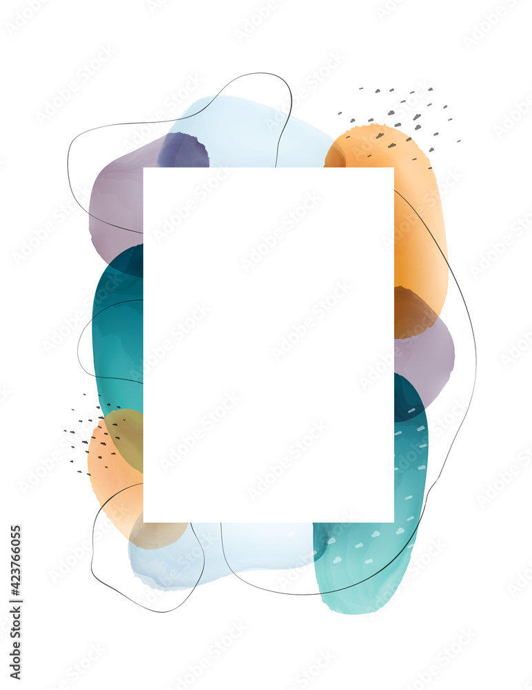 Poster frame design with abstract watercolor blobs and blotches, painted geometric shapes, pastel spots and