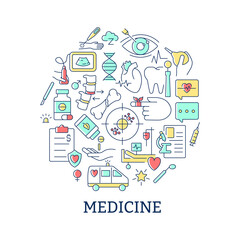 Medicine abstract color concept layout with headline. Clinical diagnostic. Hospital support. Disease treatment. Healthcare creative idea. Isolated vector filled contour icons for web background