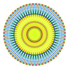 Creative multicolored points round symbol. Abstract symmetrical logo. Mosaic colorful beautiful beads. Circle dots modern pixel floral art icon. Colored pattern ornament wheel decorative illustration.