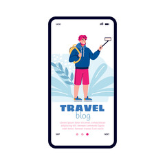 Travel blog app onboarding banner, cartoon tourist man taking selfie