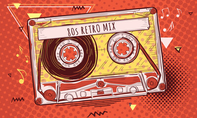 80s retro mix - funky audio cassette, colorful musical design