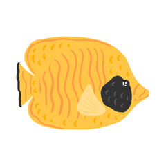 Butterflyfish isolated on white background. Cute aquatic character yellow color in hand drawn style.