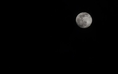 Full moon on black sky. Black and white photo