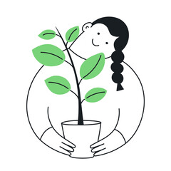 Growing a plant in the flower pot. Cute cartoon woman holding a pot with a green tree that has big leaves. Thin line elegance vector illustration on white.